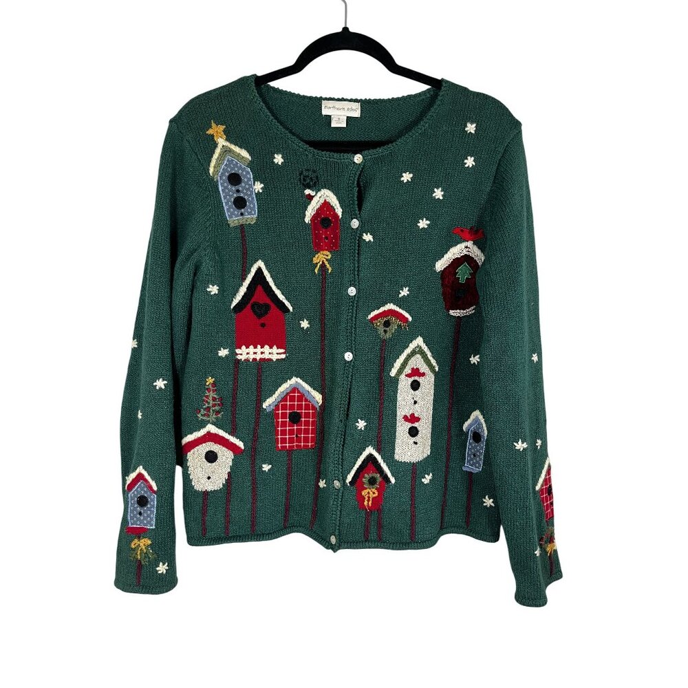 Colorful Holiday Knit Sweater Cardigan Green M Plaid Birdhouse Festive Country